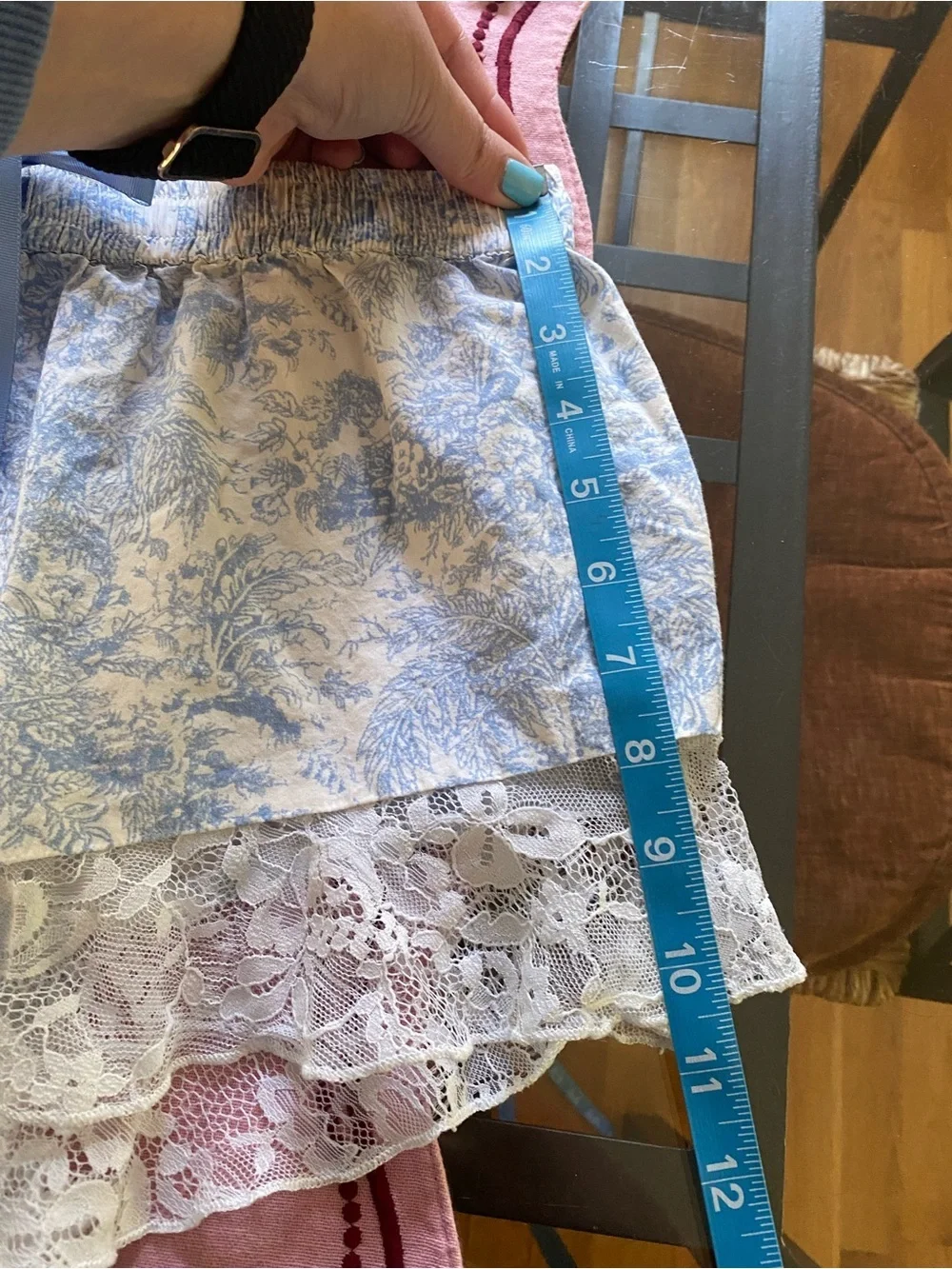 Anthropologie Blue White Toile Print Lace Trim Pajama Shorts Small